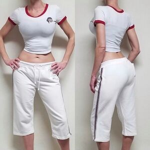 VINTAGE 90s Instant Action Division Champs White Striped Capri Track Pants L